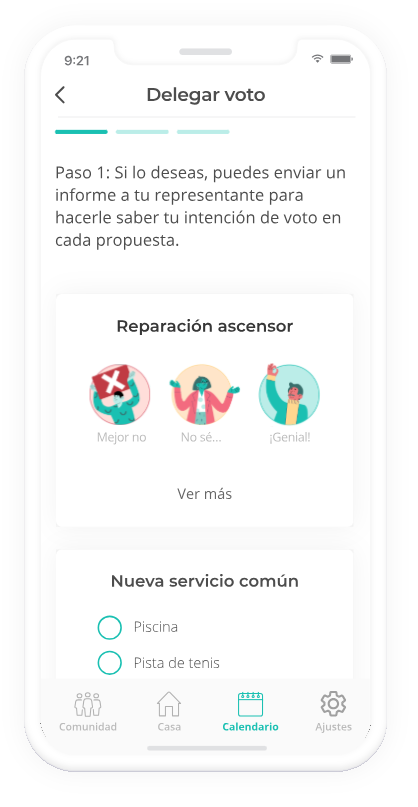 Pantalla de delegación de voto en la APP