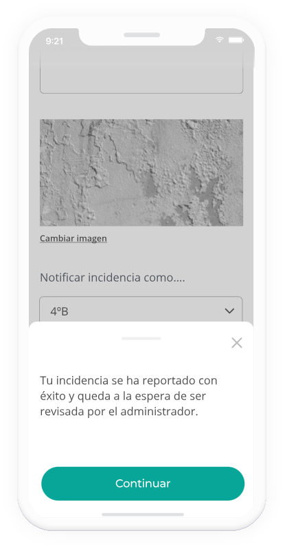 Pantalla de notificación de incidencias en la APP