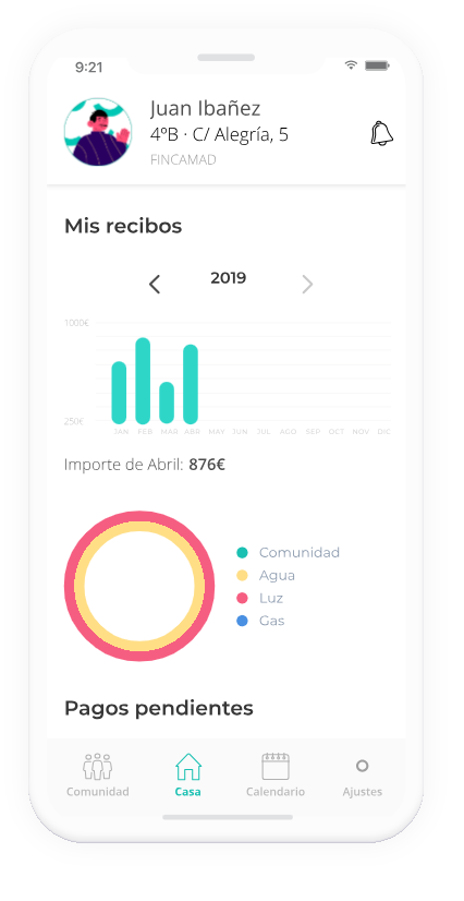 Pantalla de gestión de recibos en la APP